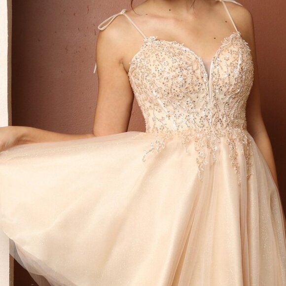 NEW CHAMPAGNE A-LINE SWEETHEART BEADED BODICE DRESS WITH SPAGHETTI STRAPS NXF732 - Picture 5 of 7